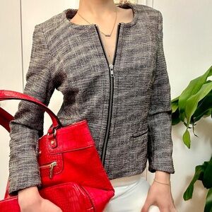 Vintage Black & White Houndstooth Cotton Zip-Up Blazer